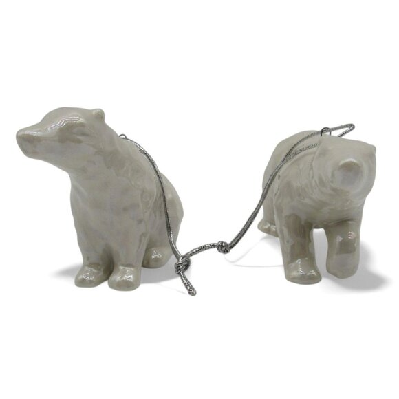 POLAR BEAR Ceramic Christmas Ornament Set Of 2 Pearlescent With Silver Strings - Picture 3 of 11